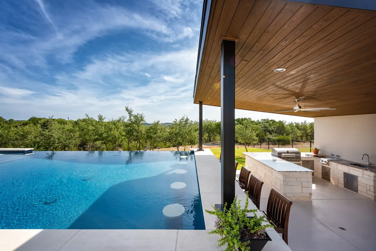 Pavilion Plunge — Geometric pool & pavilion in Travis County, TX by GB IV Designs